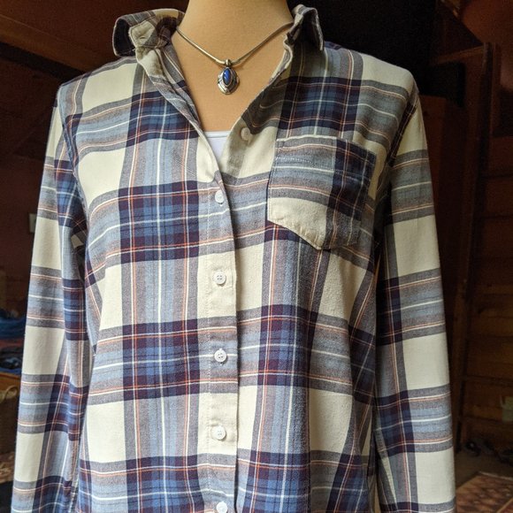 H&M Logg Flannel Button Up Shirt Cream Plaid - Picture 1 of 7